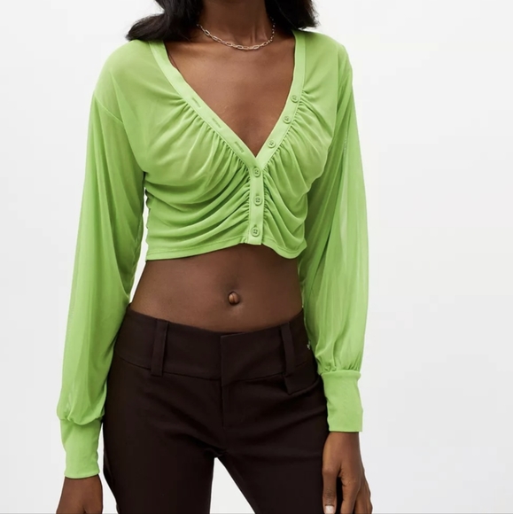 UO | Ruched Mesh Lime Green Blouse - Picture 1 of 11